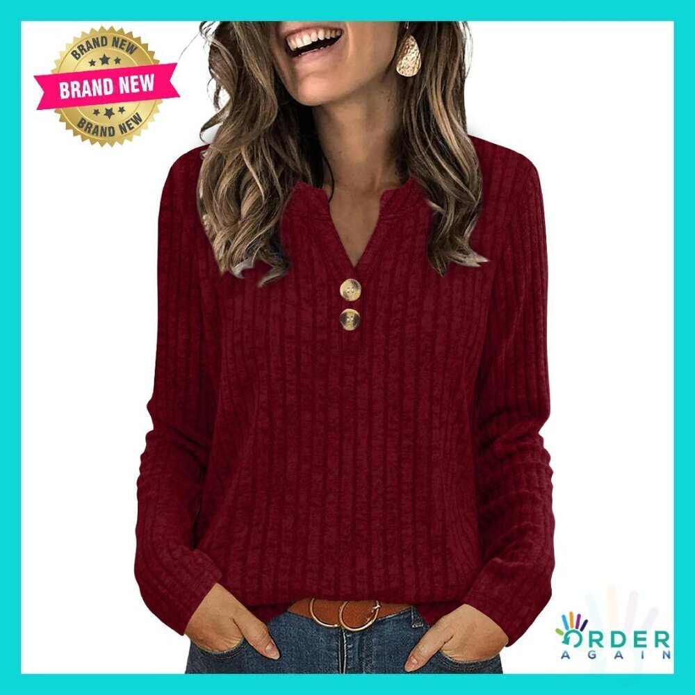 V-Neck Button Sweater Lightweight Loose Fit Tunic Top Fall Casual Chic